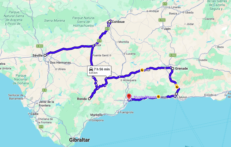 Carte d'itinéraire pour un road trip de 7 jours en Andalousie